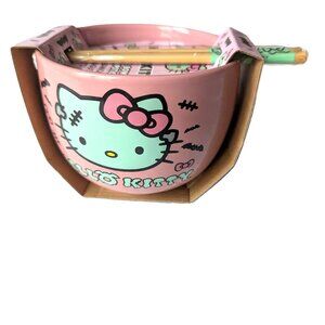Hello Kitty Ceramic Ramen Noodle Bowl With Chopsticks Sanrio NEW